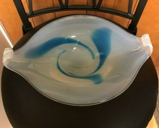 Vintage Murano Art Glass White Blue Swirl Tab Handle Console Bowl