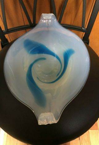 VINTAGE MURANO ART GLASS WHITE BLUE SWIRL TAB HANDLE CONSOLE BOWL 2