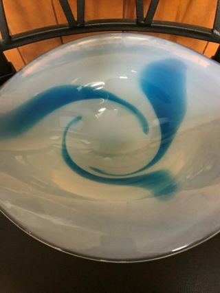 VINTAGE MURANO ART GLASS WHITE BLUE SWIRL TAB HANDLE CONSOLE BOWL 3