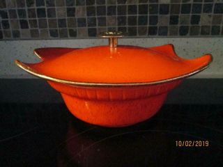 Retro Orange Ceramic Covered Casserole Dish Vintage Usa Gold Trim On Lid
