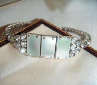 Earlier Vintage Mother Of Pearl Lucite Diamond Crystal Rhinestone Bracelet