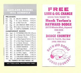 1976 Oakland Raiders Season Ticket Schedule Card - Sponsor Hayward Dodge