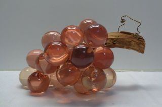 Large Vintage Lucite Acrylic Resin Grape Cluster On Driftwood Stem Pink Colored