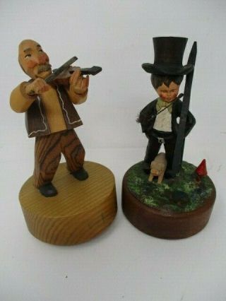 Vintage Wooden Carved Reuge Fiddler And Thorens Chimney Sweep Music Boxes