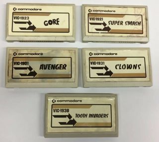 5 Commodore Vic - 20 Cartridges: Gorf,  Avenger,  Clowns,  Smash,  Tooth Invader