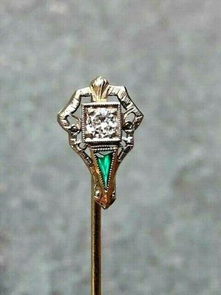 Antique 14k White Gold,  Diamond & Green Stone Filigree Stick Pin