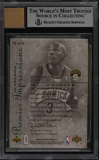 2007 UD Premier Impressions Kevin Durant ROOKIE RC AUTO /50 PIKD BGS 9 PWCC) 2