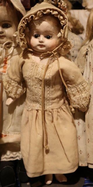 11 " Antique C1870 German Paper Mache Glass Eyed Doll W/original Outfit
