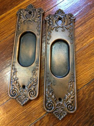 Nh19 Antique Gorgeous Stamped Brass Pocket Door Pull Plates