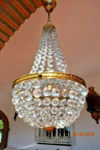 Vintage French Faceted Crystal Cage Chandelier 30 Ins Drop