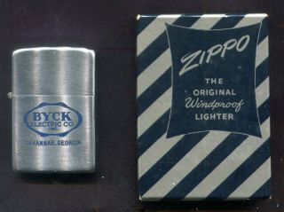 1949 - 50 Zippo Lighter W/original Box Byck Electric Co.  Savannah,  Ga