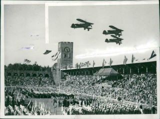 Vintage Photograph Of Swedish Flag Day - A Group Of Military Aircraft Lands Over