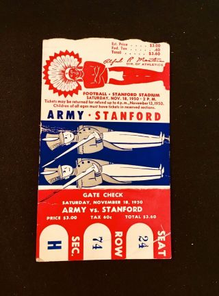 1950 Army Vs Stanford Ticket Stub