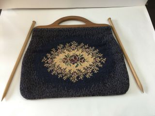 Vintage Wooden Handles Knitting Needlecraft Crafts Tote Caddy Bag W/needles