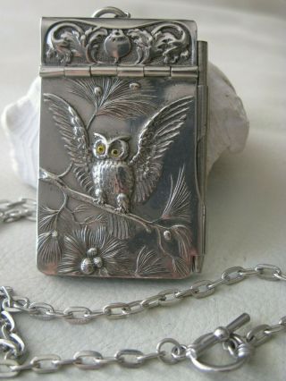 Antique Art Nouveau Victorian Silver Owl Pine Chatelaine Pencil Aide Memoire