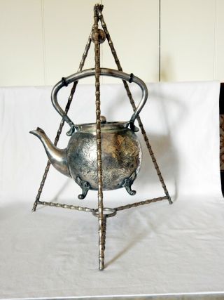 Rare Antique Victorian Silver Plated Tea Pot Teapot Spirit Kettle Tripod Stand