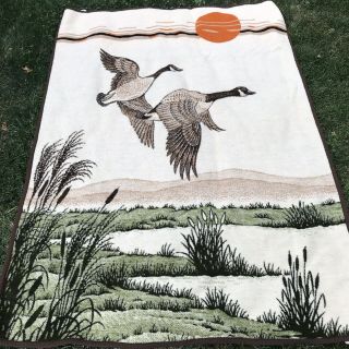 Vintage Biederlack Canadian Geese Duck Sunset Reversible Fleece Blanket USA Made 2