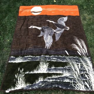 Vintage Biederlack Canadian Geese Duck Sunset Reversible Fleece Blanket USA Made 3