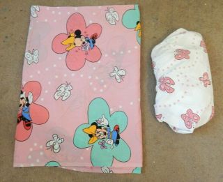 Rare Vtg Walt Disney Minnie Mouse Twin Sheet Set Pink Flowers Fabric
