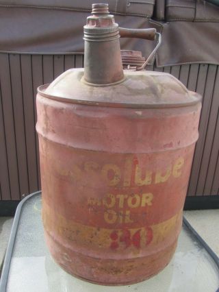 Antique Vintage Essolube Motor Oil 30 Metal Gas Can With Old Red / Yellow Paint