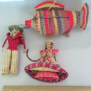 3 Vtg Mexican Folk Art Woven Straw Figural Xmas Tree Ornaments,  Fish,  Girl & Boy