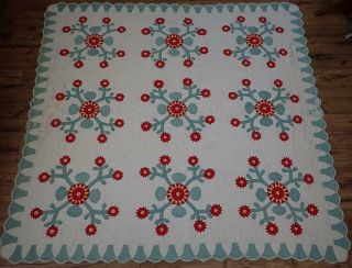 Once Grand Antique C1850 Applique Red & Green Whig Rose Quilt Wear 86x82 "
