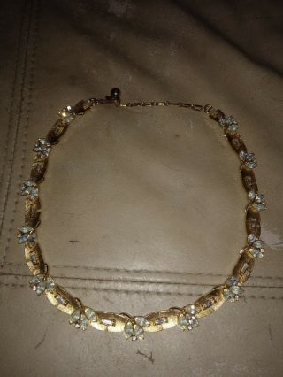 Vintage Trifari Crown Brushed Gold Leaf Rhinestone Necklace