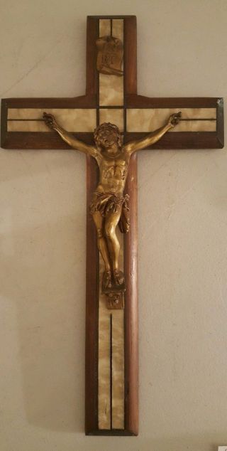 Antique French Art Deco Jesus Inri Mahogany Wood 16 " Wall Crucifix Cross