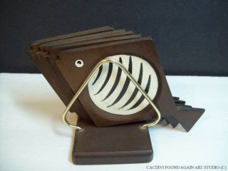 Vintage Mid - Century Modern Coasters Fish Abstract Wood Aluminum Holder Japan Mcm