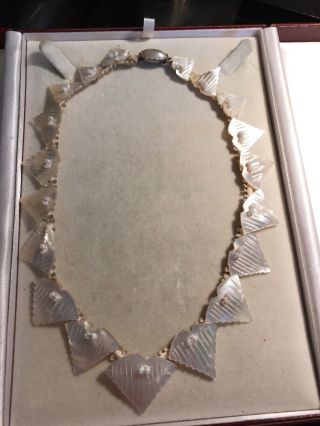 Vintage Modernist Hand Knotted Mother Of Pearl Leaf Design Necklace