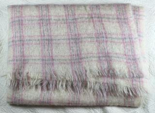Vintage Cushendale Blanket Throw Afghan Made Ireland Mohair Wool Pink Blue Plaid