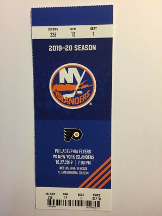 York Islanders Vs Philadelphia Flyers October 27,  2019 Ticket Stub