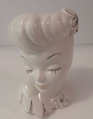 Vintage 1950’s Glamour Girl Head Vase - White With Gold Accents - 6 1/2” Tall - Usa