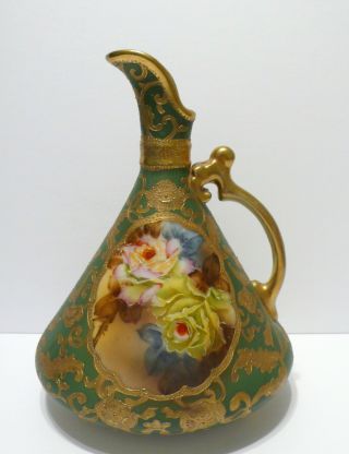 Antique Nippon Noritake Maple Leaf Roses Porcelain Ewer Jug Vase 9 1/4 "