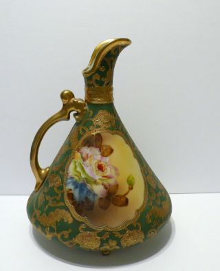 Antique Nippon Noritake Maple Leaf Roses Porcelain Ewer Jug Vase 9 1/4 