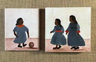 Vintage Primitive African American Two Folk Art Painting On Canvas C/a.  Signed.