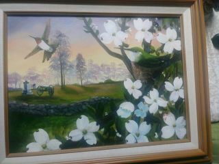 Oil Painting Vintage Signed Hummingbird Flowers Battlefield Framed