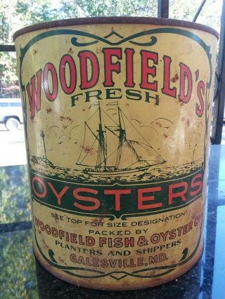 Vintage Gallon Oyster Tin/can Woodfield Fish & Oyster Co.  Pre - Owned