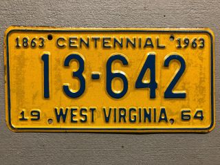 Vintage 1964 West Virginia License Plate Centennial Yellow/blue 13 - 642