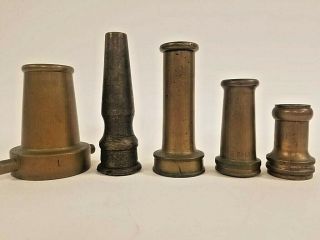 5 Vintage Brass Fire Fighting Hose Nozzles From 3 " To 6 1/2 " Great Patina