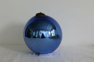 Antique 9 " Blue Glass Christmas Ball,  Witch Ball,  Brass Cap Stamped Vg 1721