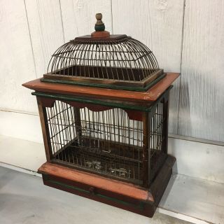 18” Vintage Bird Cage Wood Wire Bohemian Metal Dome Antique Wooden House Display