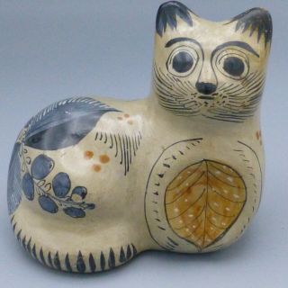 Vintage Mexican Tonala Burnished Pottery Cat Figurine 4 " Long Mexico Folk Art