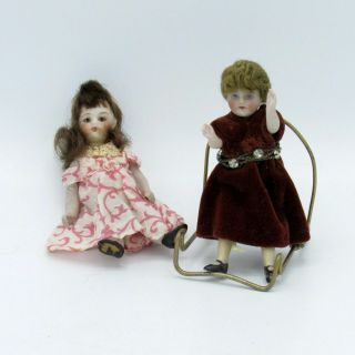 Antique All Bisque Mignonette Dollhouse Dolls - Two Dolls - 4 ",  Nr