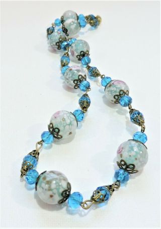 Vintage Blue & White W/ Pink Roses Lampwork Art Glass Bead Necklace No19229