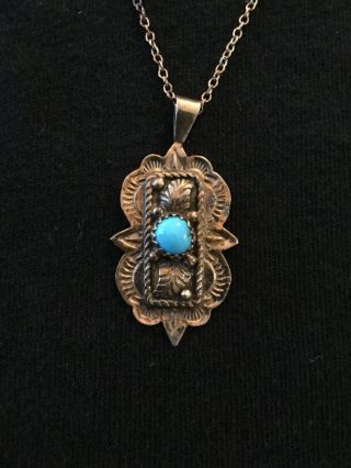 Vintage Stamped Handmade Sterling Silver Pendant With Turquoise Stone,  18” Chain