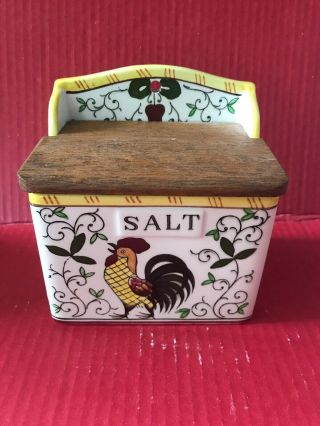 Vintage Salt Box Rooster And Roses Wood Lid Py Japan Wall Or Counter Use
