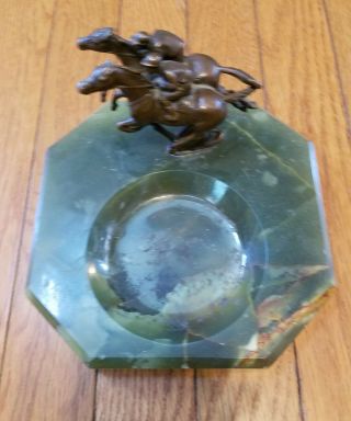 Antique Jade? Ashtray With Bronze Horses And Jockeys
