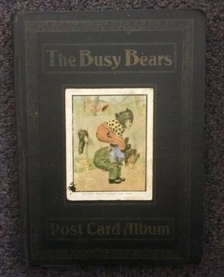 Rare Antique Busy Bear Postcard Album With 56 Assorted Postcards Circa 1900 