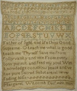 Early 19th Century Prayer & Alphabet Sampler By Margaret Witcomb - Dec 